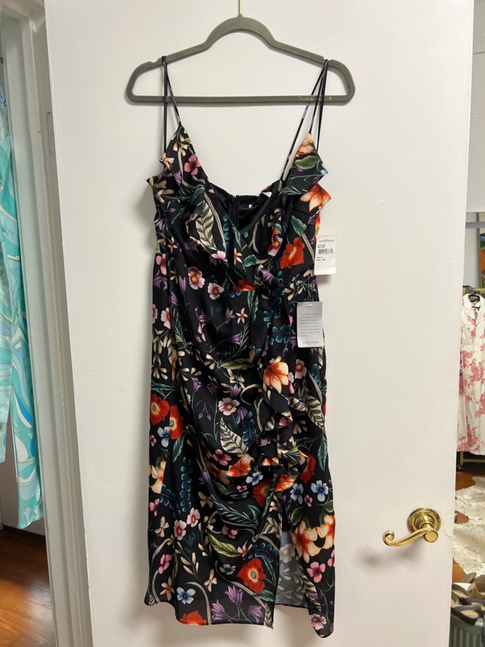Cooper St. Black Floral Ruffle Faux Wrap Midi Dress with Spaghetti Straps 8 Med